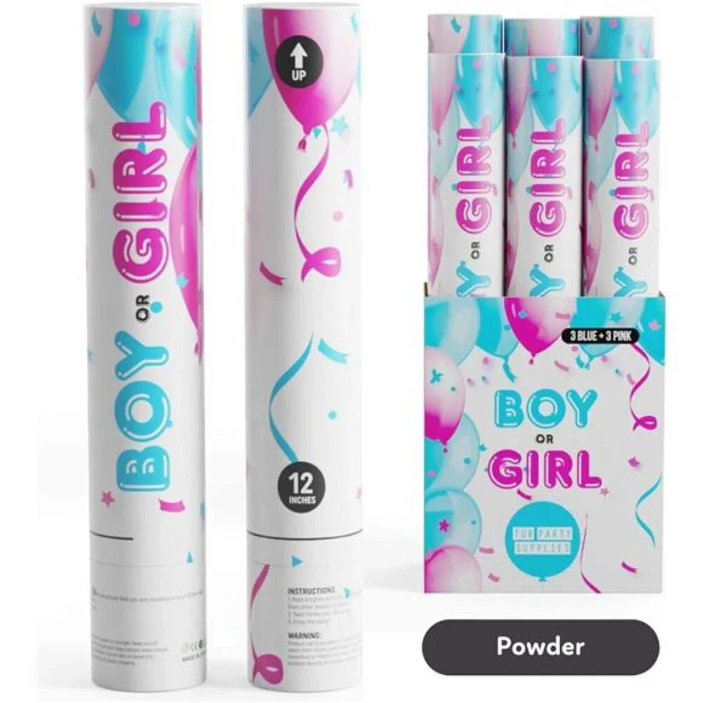 Gender Reveal Powder Smoke Bombs Cannon Poppers | 3 Pink & 3 Blue Poppers